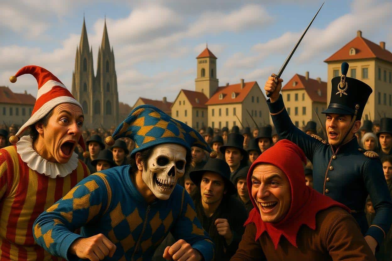 Illustration von Karnevalsfiguren in historischen Kostümen – Narr, Kappenfigur mit Totenkopfmaske und Soldat mit erhobenem Schwert – vor dem Kölner Dom