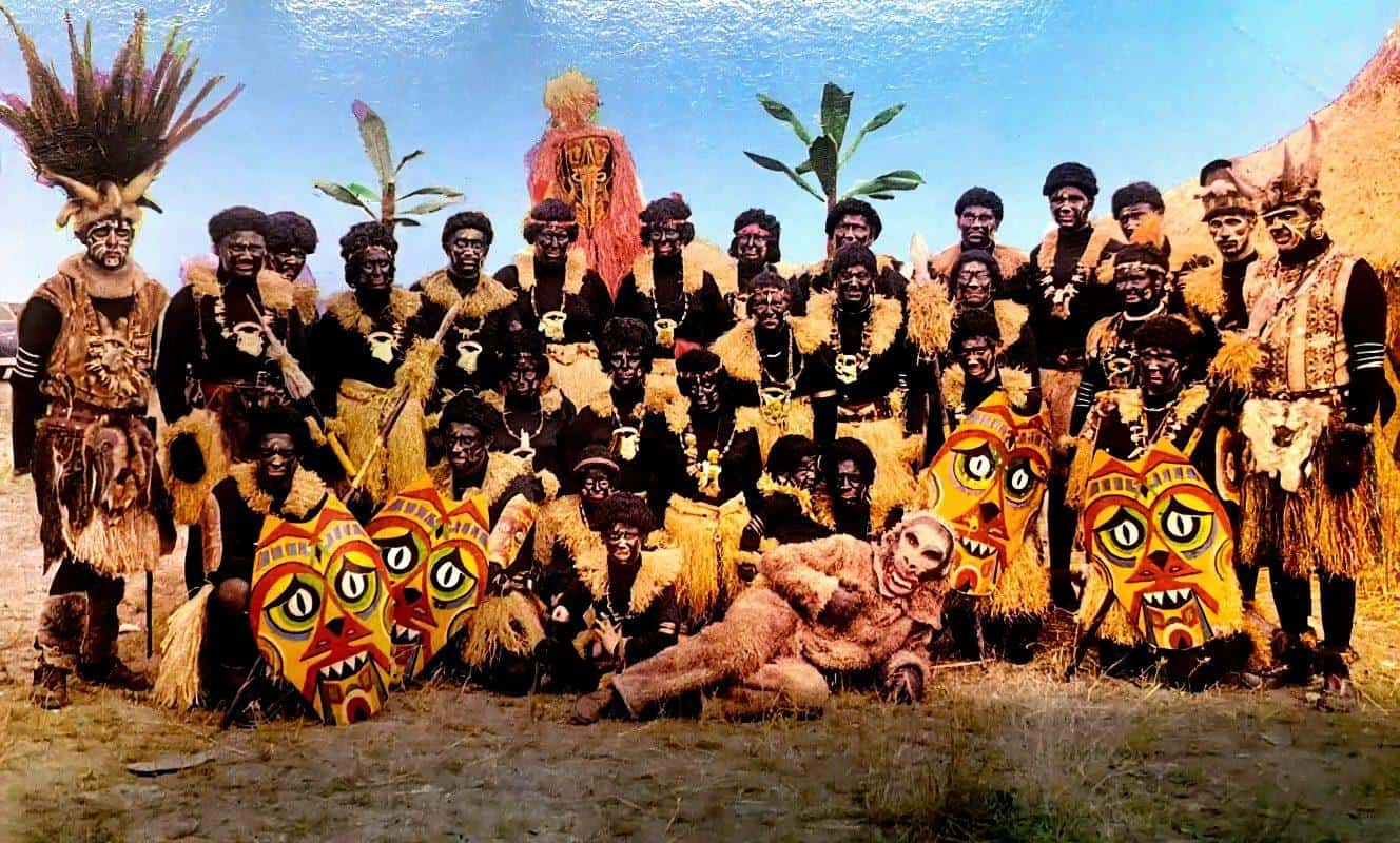 Gruppe der Vringsveedeler Dschungelbrööder in Karnevalskostümen, 1950.