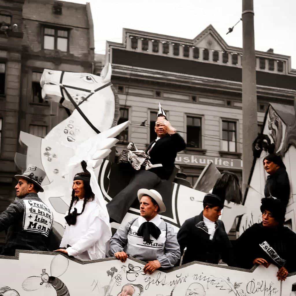 Willi Ostermann auf Karnevalswagen in Köln, 1927.