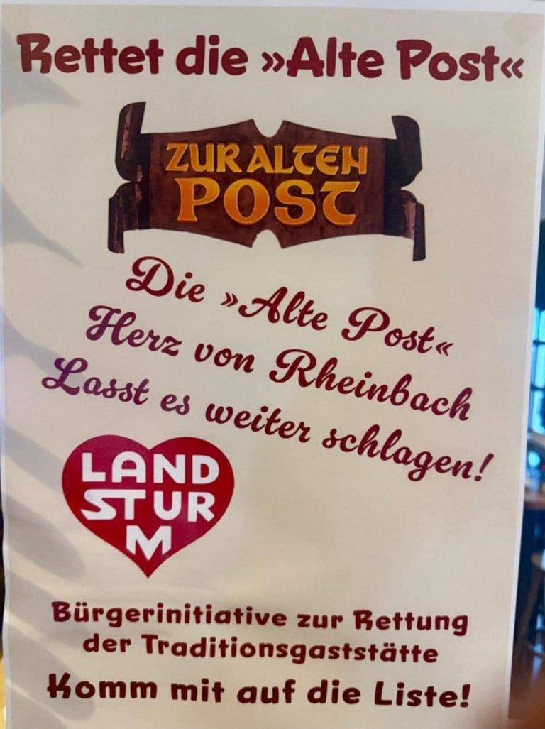 Plakat zur Rettung der "Alte Post" in Köln vor der Schließung.