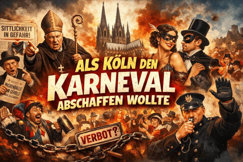Illustrierte Grafik zum Beitrag „Als Köln den Karneval abschaffen wollte“ mit Bischof, maskiertem Paar, Jecken und Polizist vor dem Kölner Dom