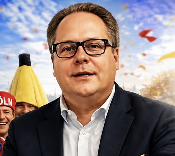 Lutz Schade vor einer festlich gestalteten Karnevals-Grafik mit Jecken im Hintergrund