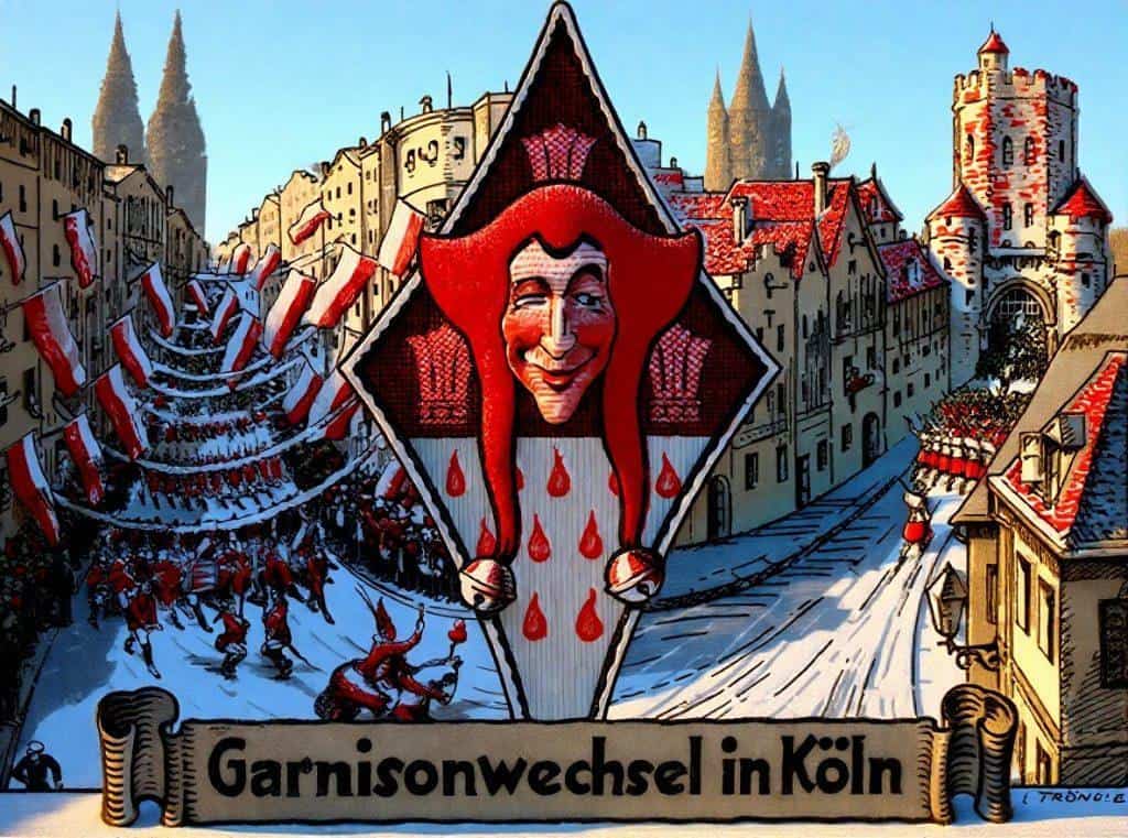 Buntes Karnevalsspektakel in Köln mit großen Figuren und Feierlichkeiten.
