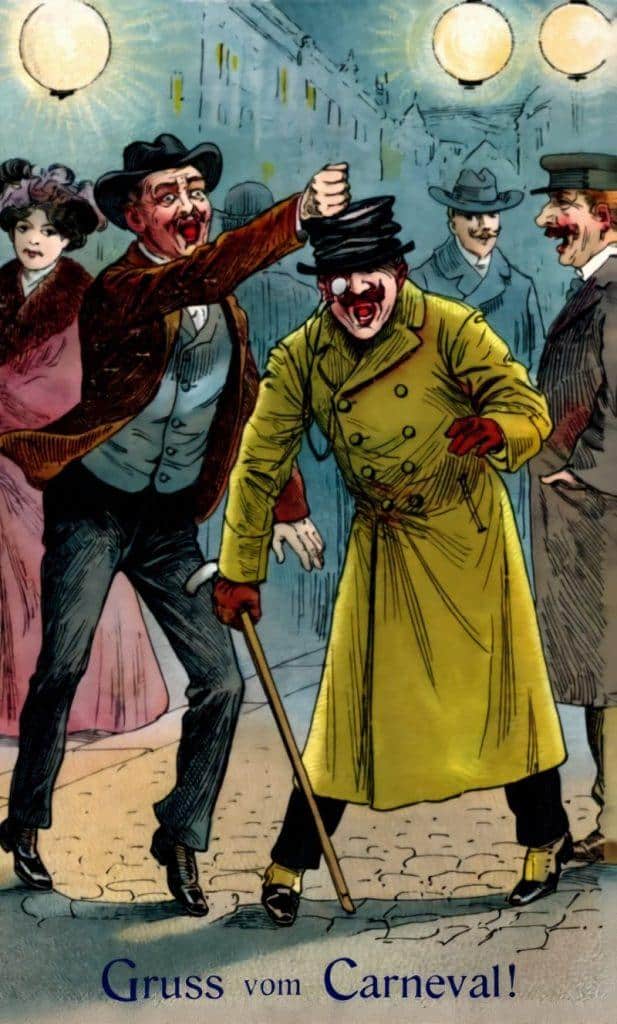 Historische Illustration einer Karnevalsszene bei Nacht mit der Bildunterschrift „Gruss vom Carneval!"