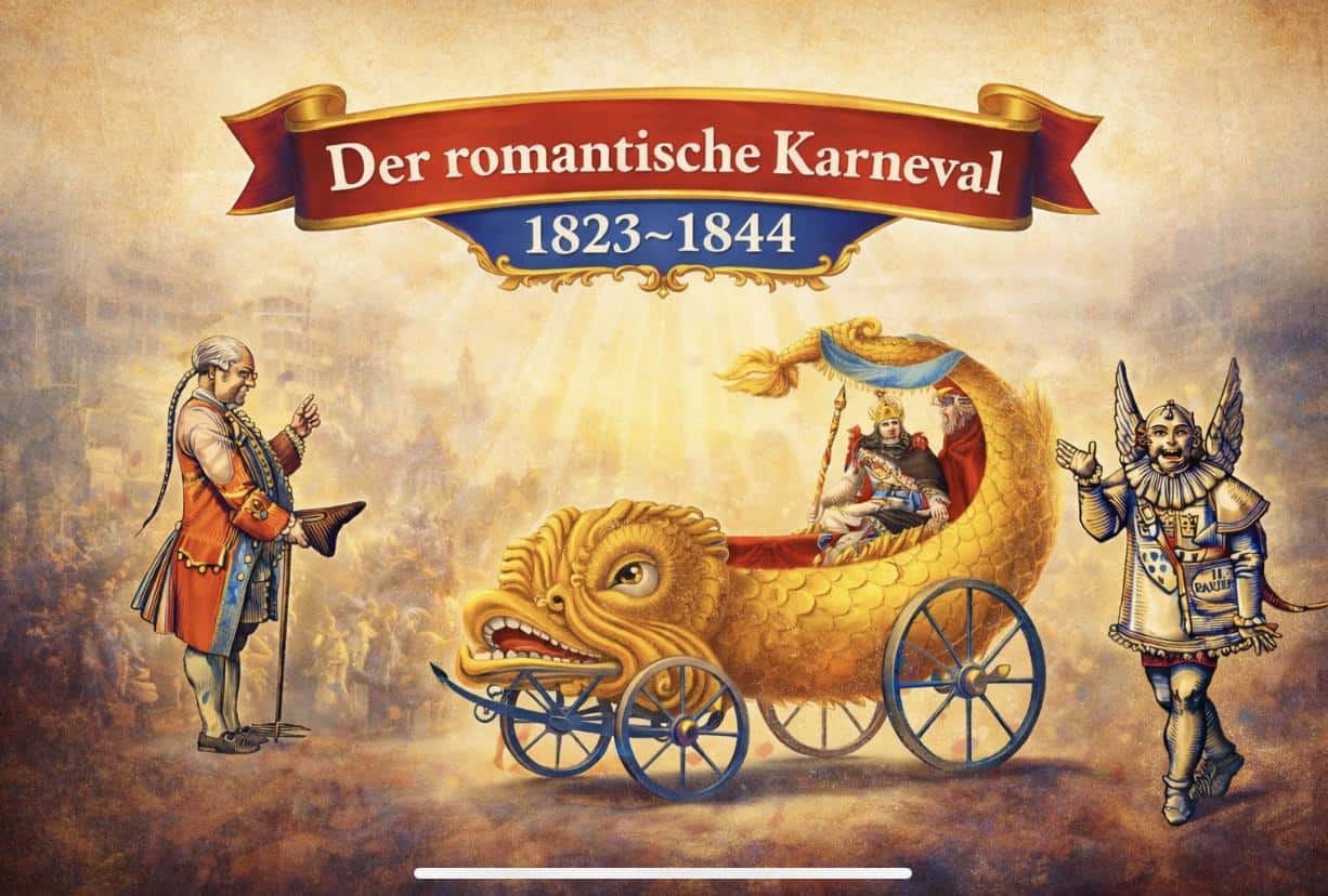 Historisches Karnevalsmotiv mit Wagen und Figuren aus der Zeit 1823-1844.