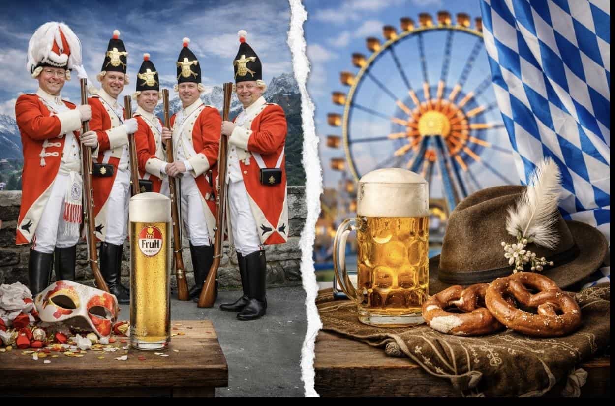 Bildvergleich: Karnevalsgarde in roten Uniformen links, bayerische Oktoberfest-Motive mit Bier und Brezeln rechts