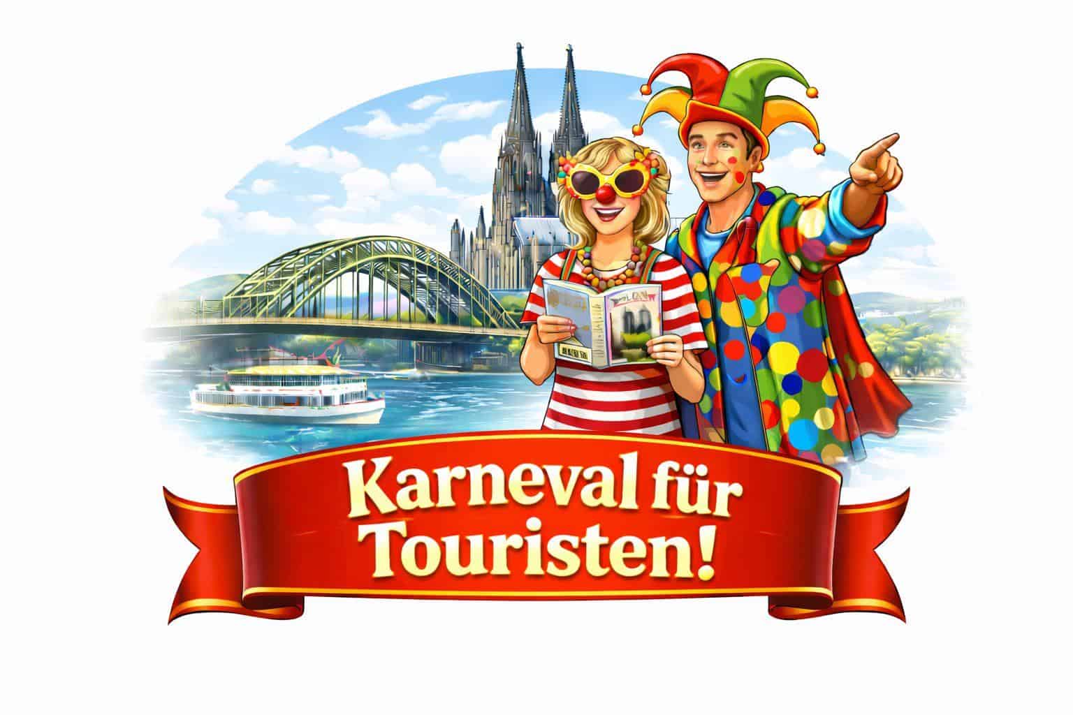 Bunte Touristen beim Karneval in Köln, verkleidet als Clowns, vor dem Dom.