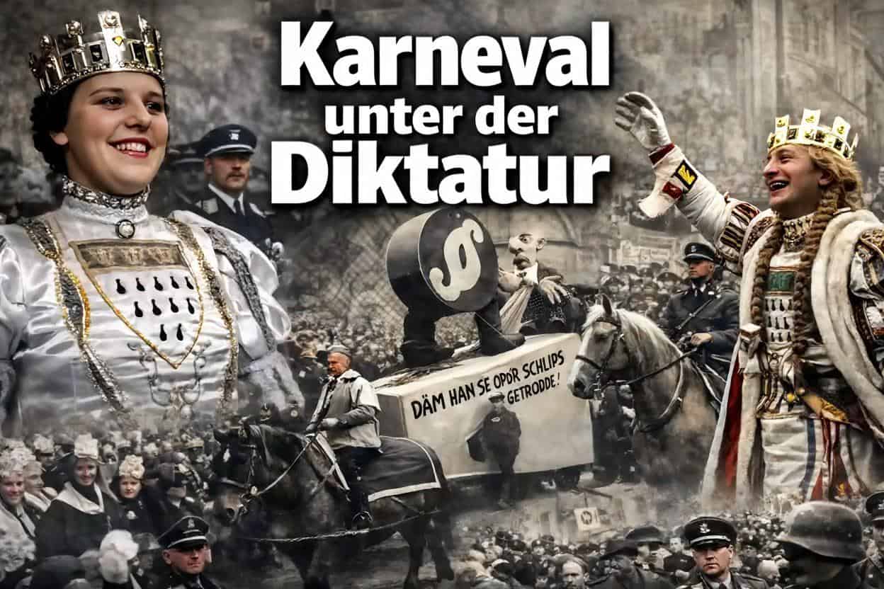 Bildcollage aus Kostümträgern, dem antisemitischen Rosenmontagswagen und uniformierten Nationalsozialisten beim Kölner Karneval