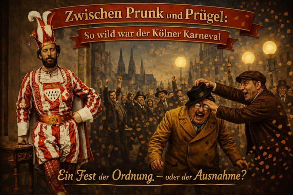 Karnevalsfigur in prunkvollem Kostüm bei Kölner Karnevalsszene.