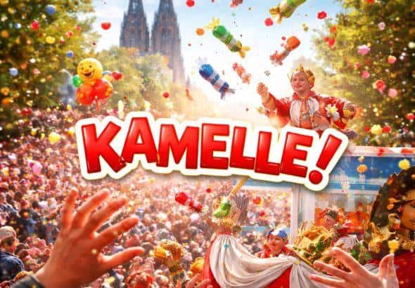 Illustration mit fliegenden Kamelle-Süßigkeiten über einer jubelnden Menschenmenge vor dem Kölner Dom
