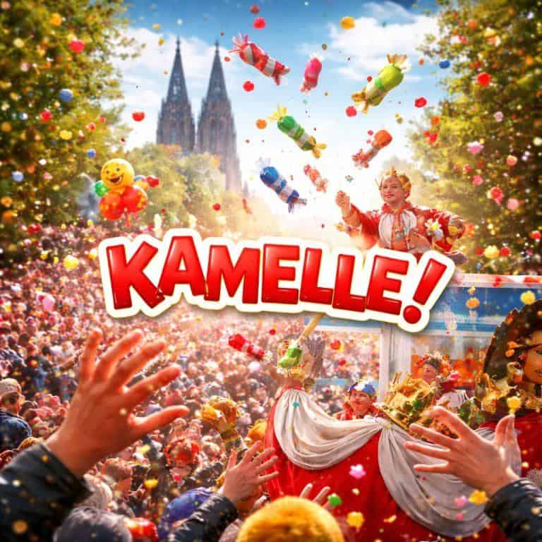 Illustration mit fliegenden Kamelle-Süßigkeiten über einer jubelnden Menschenmenge vor dem Kölner Dom