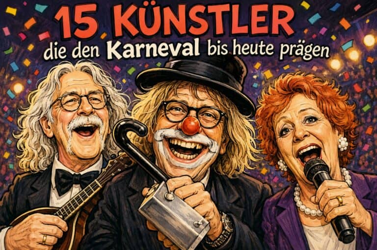 Illustration „15 Künstler, die den Karneval bis heute prägen" mit drei karikierten Figuren
