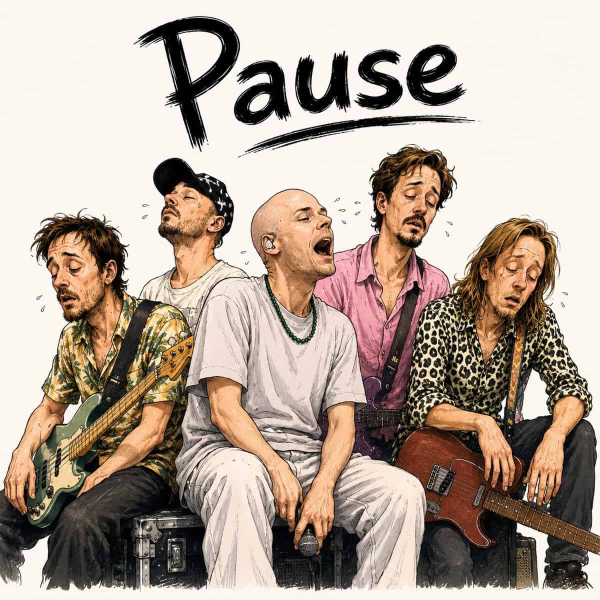 Illustrierte Band-Covergrafik „Pause" mit fünf erschöpften Musikern und Instrumenten