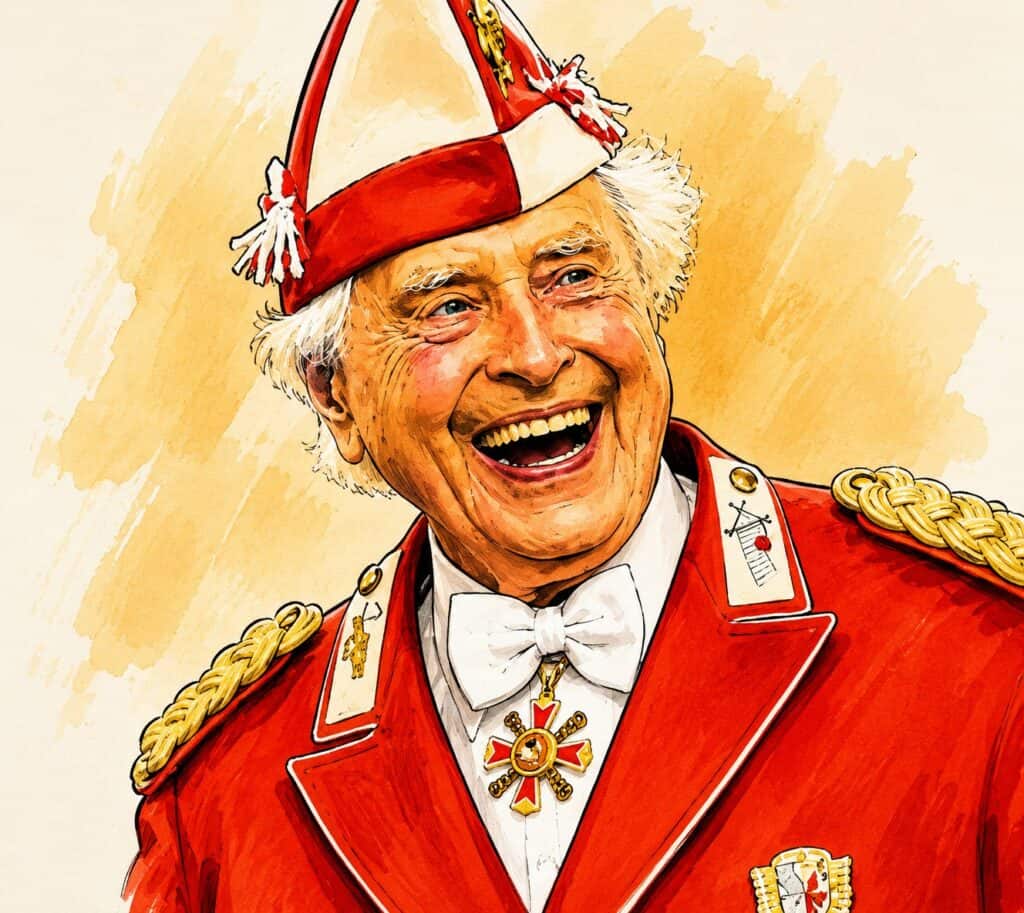 Illustriertes Porträt eines Mannes im roten Ornat mit Narrenkappe