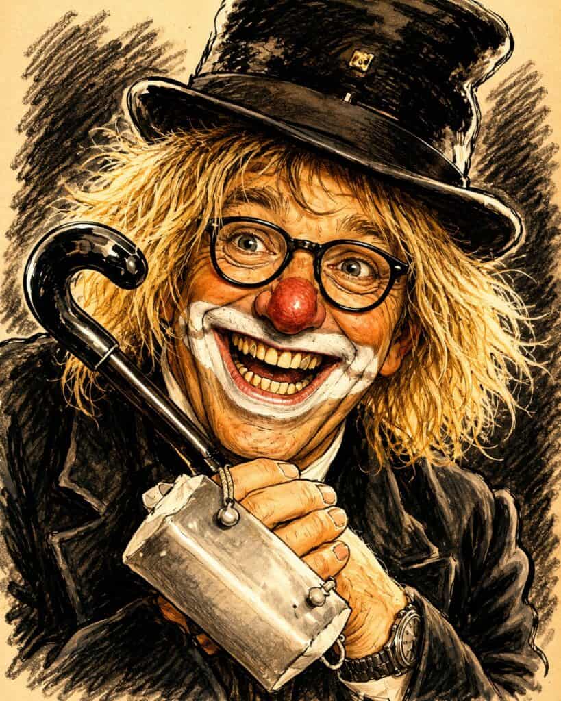 Illustriertes Porträt eines Clowns mit Zylinder und Ratsche