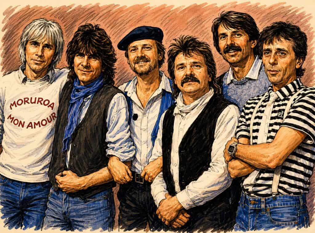 Illustration von sechs Musikern in Bühnenkleidung