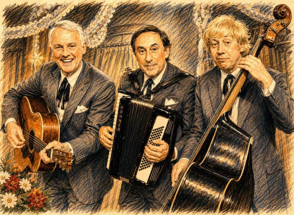 Illustration von drei Musikern mit Gitarre, Akkordeon und Kontrabass