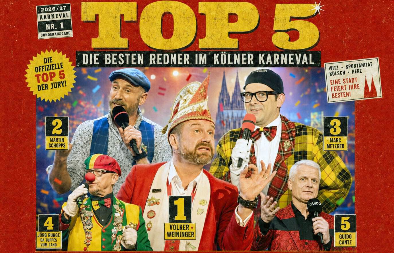 Werbegrafik „Top 5 – Die besten Redner im Kölner Karneval“ mit den fünf platzierten Rednern