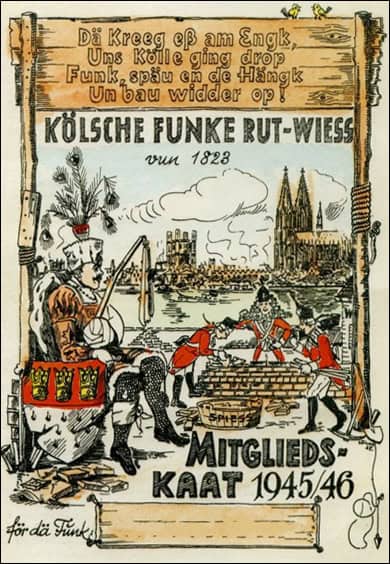 Mitgliedskarte der Roten Funken aus der Nachkriegszeit 1945/1946 mit Wiederaufbau-Aufruf