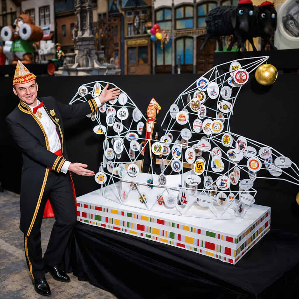 Das Foto zeigt den Zugleiter mit einem Miniatur-Modell seines Rosenmontagswagen