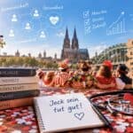 Illustration mit Büchern zu Gesundheit und Gemeinschaft, Stethoskop und Notizbuch „Jeck sein tut gut!" vor dem Kölner Dom