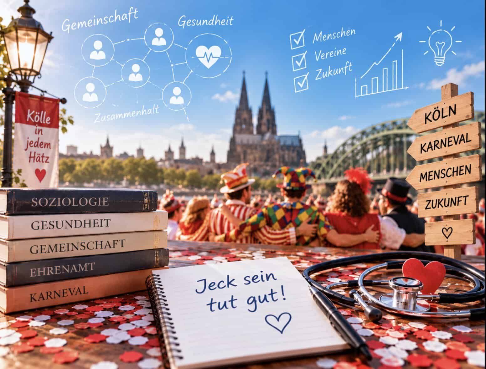 Illustration mit Büchern zu Gesundheit und Gemeinschaft, Stethoskop und Notizbuch „Jeck sein tut gut!" vor dem Kölner Dom