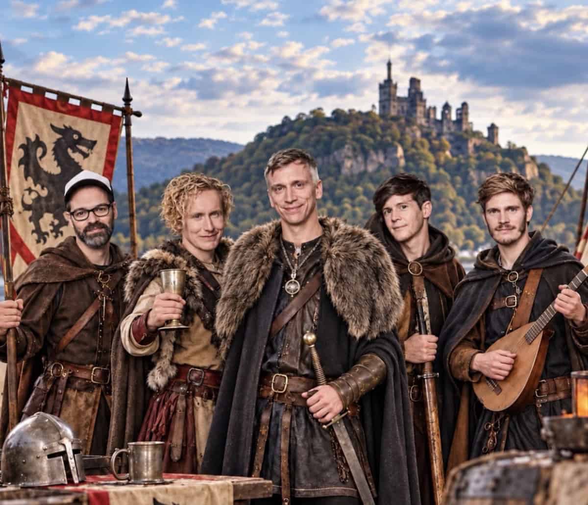 Fotomontage der Band Kasalla aus Köln in mittelalterlichen Kostümen