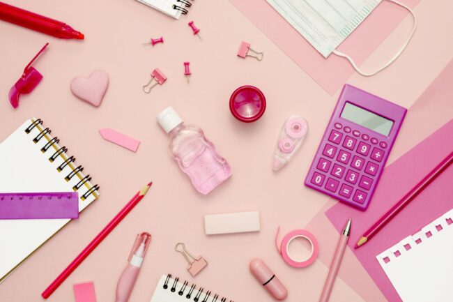 School supplies arrangement illustrating Pink Tax on women's products