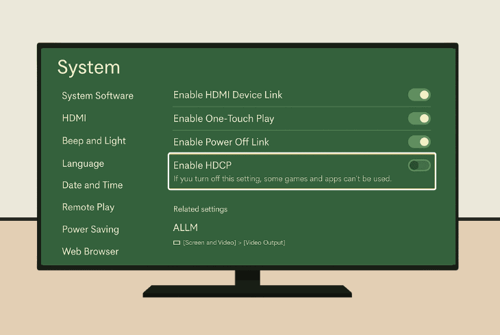 PS5 Says No Signal and Frustrated? (Here’s the Fastest Fix!) 9 disable the hdcp feature