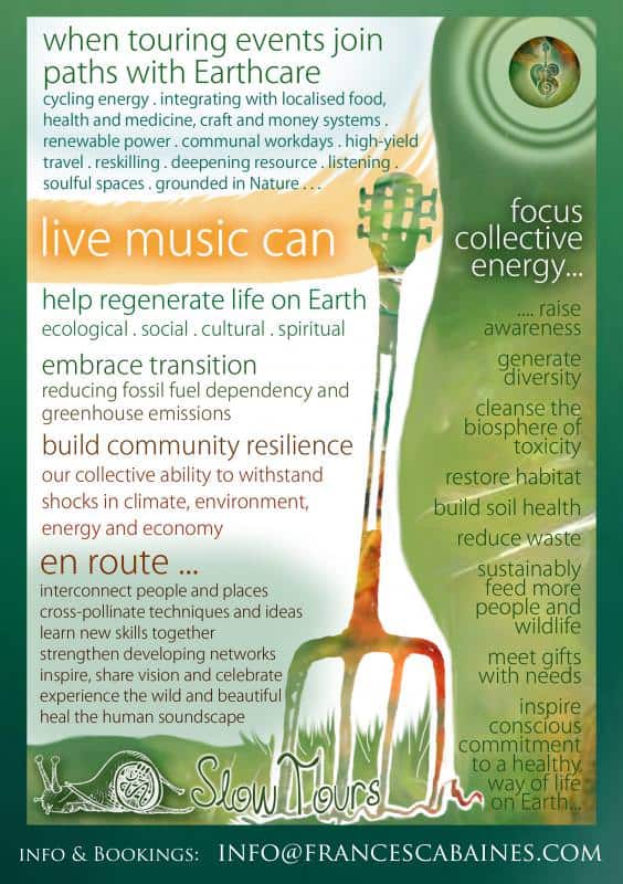 Ecovillage promoting sustainable living, music, and community resilience.