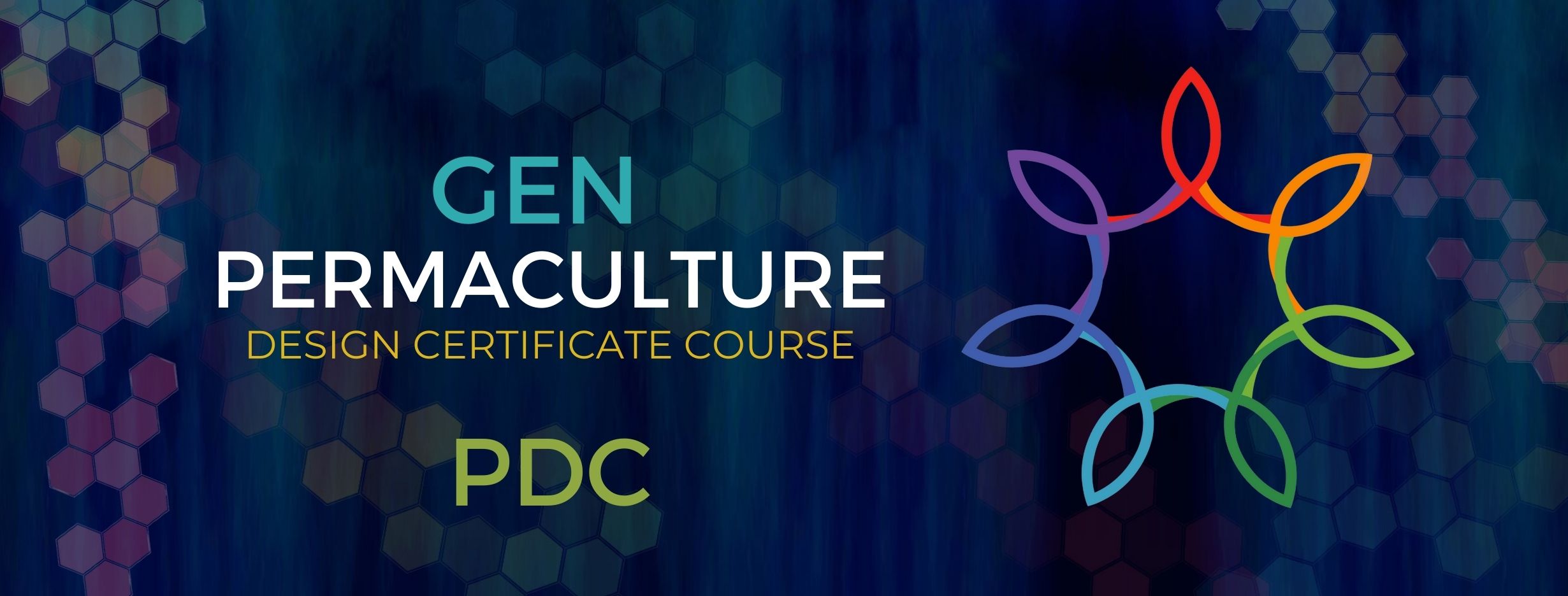 Gen Permaculture Design Certificate Course logo with colourful interconnected design.