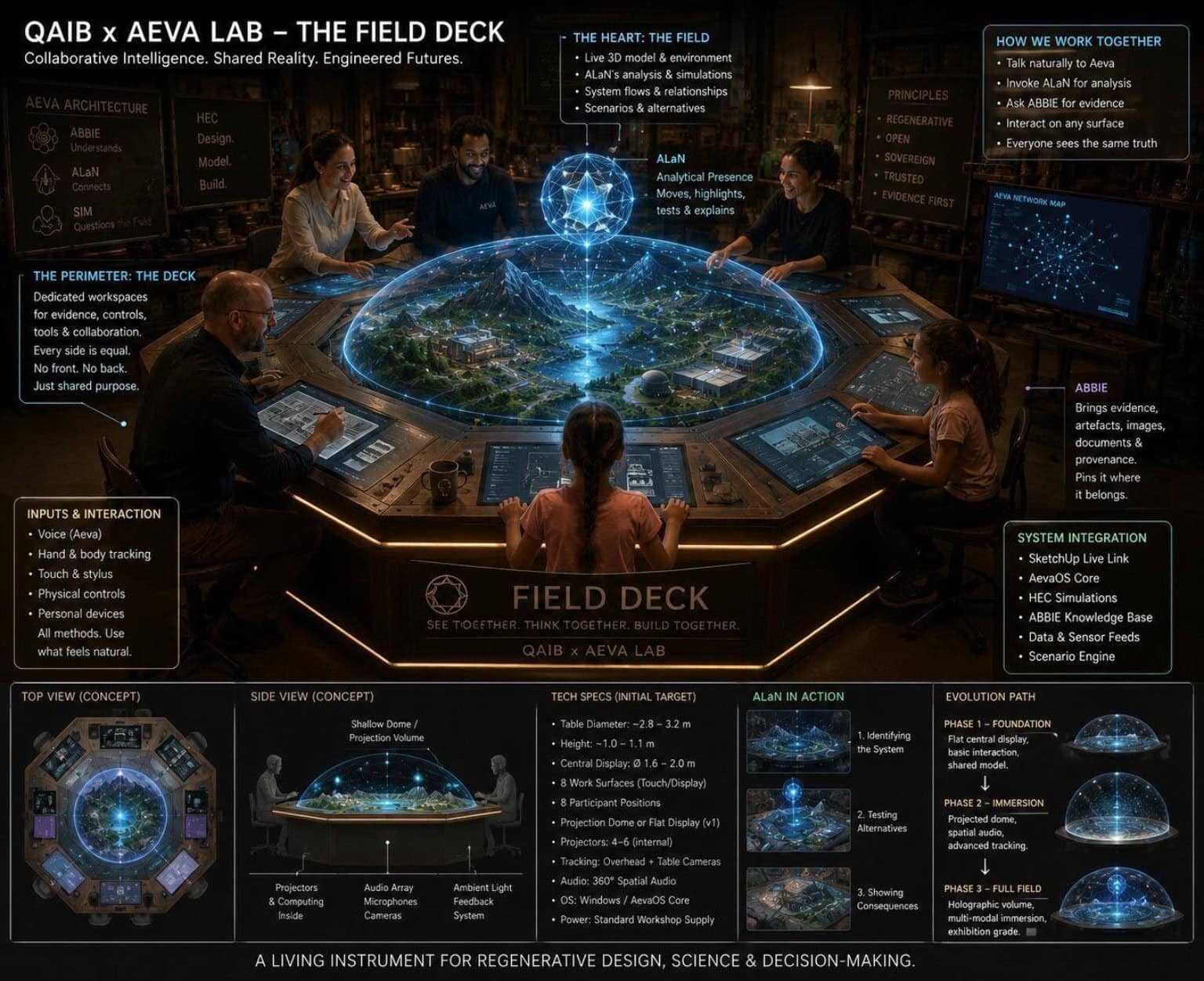 Interactive digital table showing global ecological data and community planning.