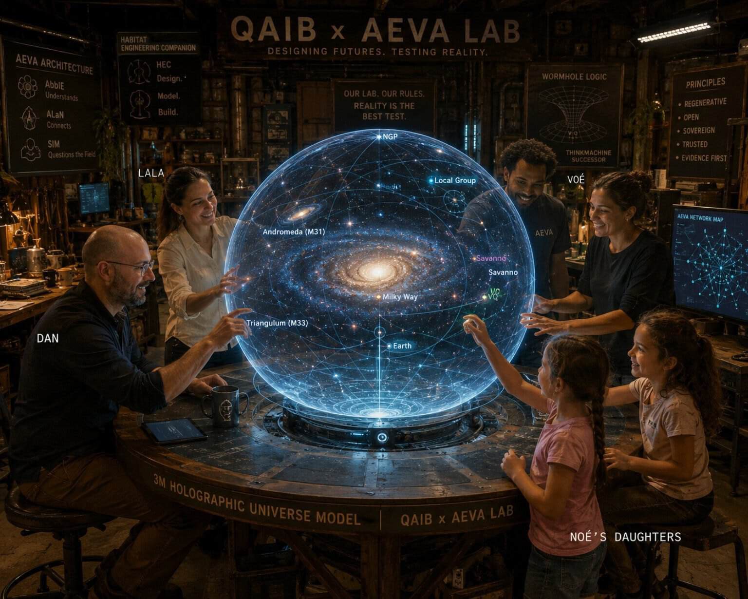 Group of people exploring holographic universe model at AEVA Lab.