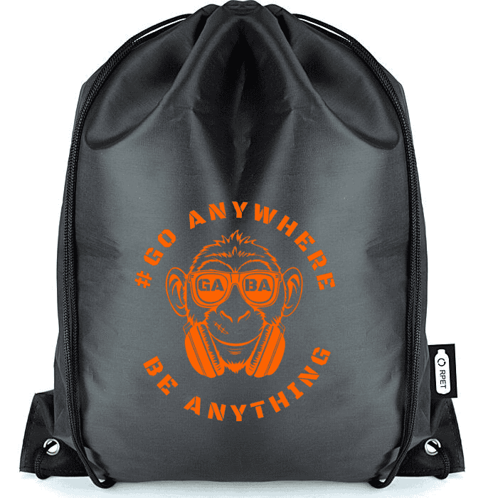 Recycled polyester drawstring bag in deep black with GABA logo and slogan. Eco-friendly, durable, pe.