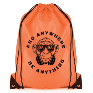 Recycled polyester drawstring bag in deep black with GABA logo and monkey graphic. Eco-friendly, ver.