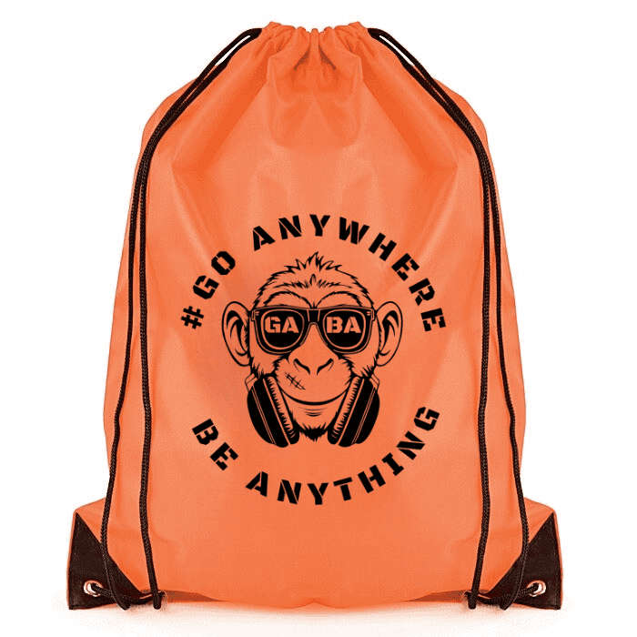 Recycled polyester drawstring bag in deep black with GABA logo and monkey graphic. Eco-friendly, ver.