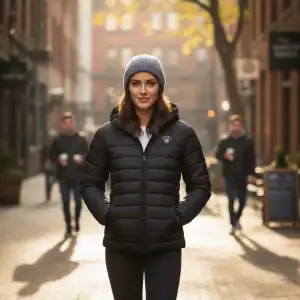 Woman wearing a black padded jacket in an urban street setting.