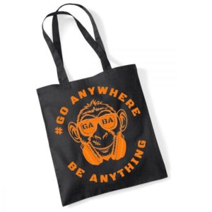 Durable black cotton tote bag with orange monkey graphic and "Go Anywhere Be Anything" slogan.