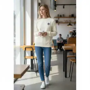 Woman wearing a GABA Clothing cream sweater in a modern cafe setting.