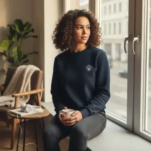 Woman in GABA Clothing sweatshirt sitting by window with coffee.