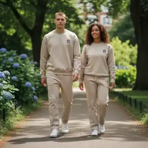 Casual beige hoodie and joggers set with small monkey logo, perfect for comfortable streetwear.
