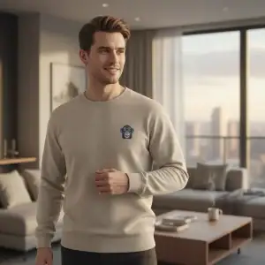 Man wearing GABA Core 280 sweatshirt with monkey logo in modern living room.