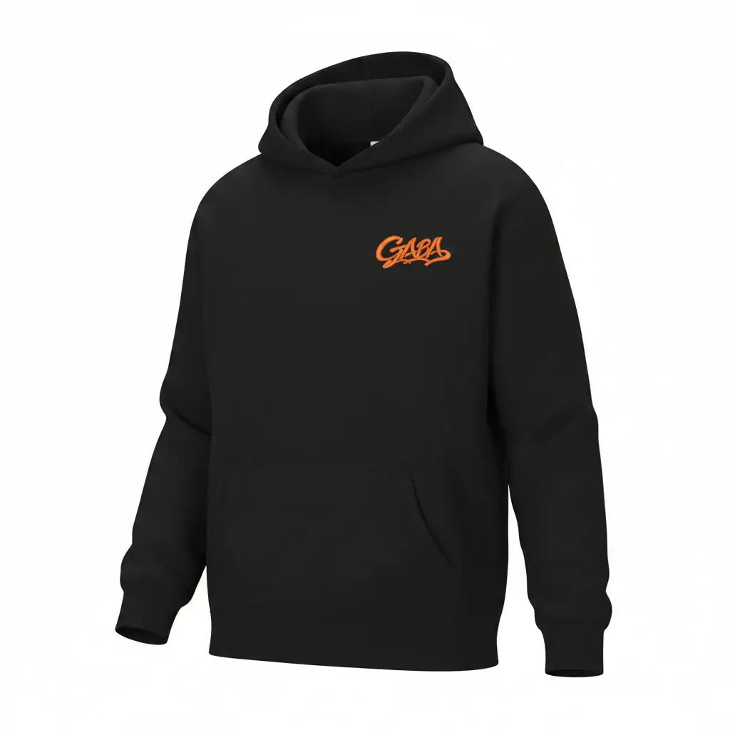 Black GABA hoodie with orange logo, casual streetwear style, comfortable fit.