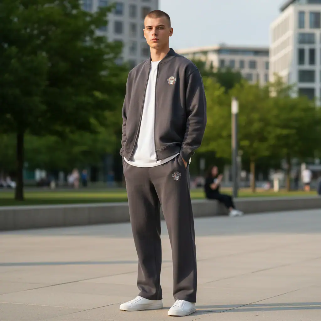 Young man in grey casual streetwear outfit outdoors in an urban park setting.