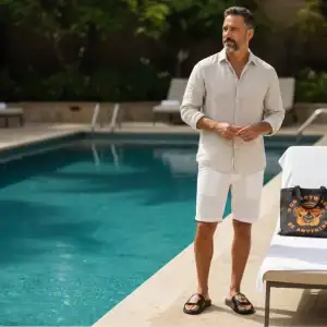 Man in light summer outfit by poolside, showcasing GABA Clothing's summer essentials.