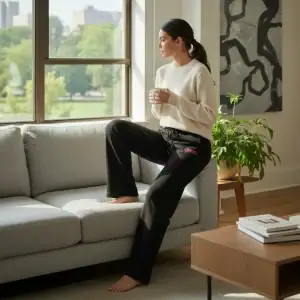 Casual woman relaxing at home in GABA Clothing lounge set.