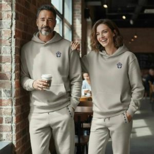 Comfortable grey tracksuit hoodie with small monkey logo, perfect for casual wear and active lifesty.
