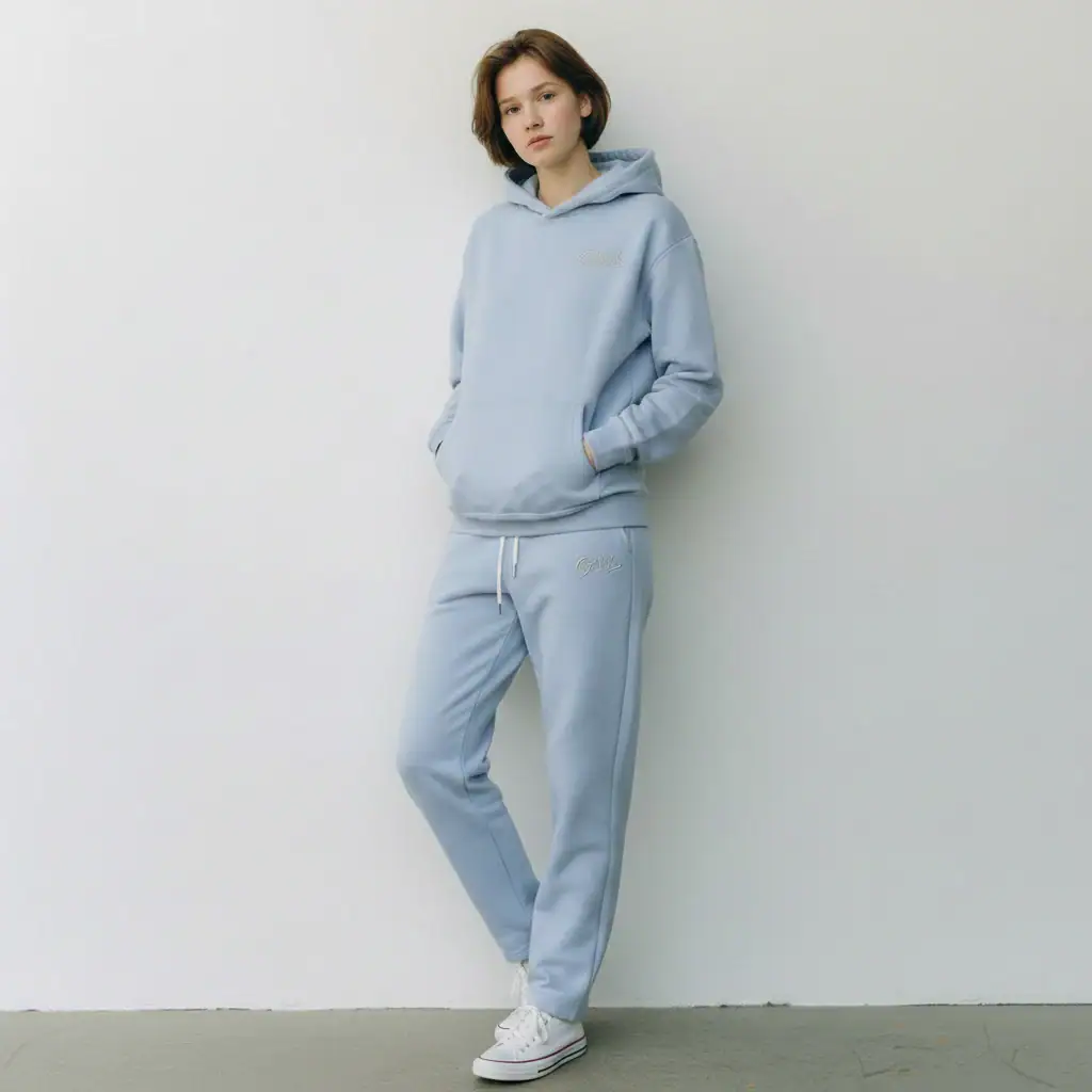 Woman wearing a light blue hoodie and matching joggers, casual loungewear for everyday comfort.