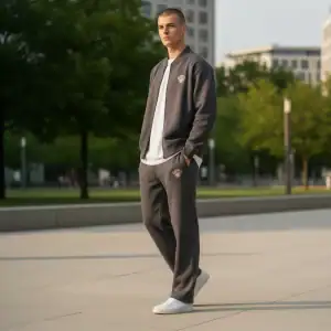 Man wearing GABA Signature Bomber Jacket in an urban park setting.