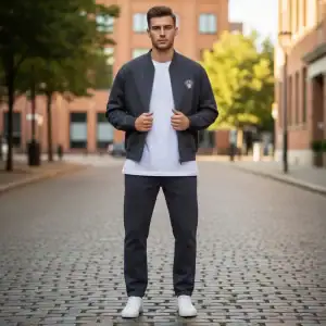 Man wearing GABA Signature Bomber Jacket in urban setting, showcasing casual streetwear style.